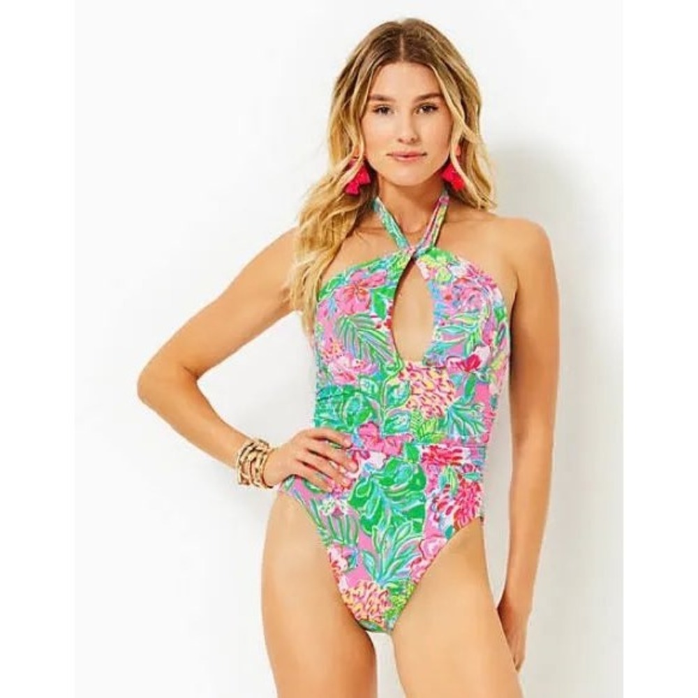 Lilly Pulitzer Ledger Halter One Piece Swimsuit Journey to the Jungle Pink Sz 8
